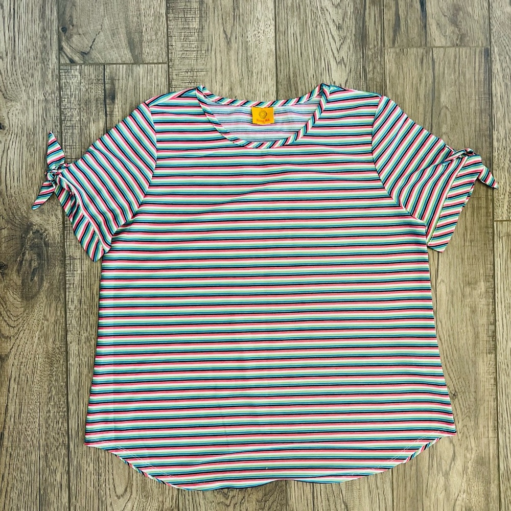 Ruby Rd Deep Tropics Colorful Horizontal Striped Top with Bow Tie Sleeves -XL